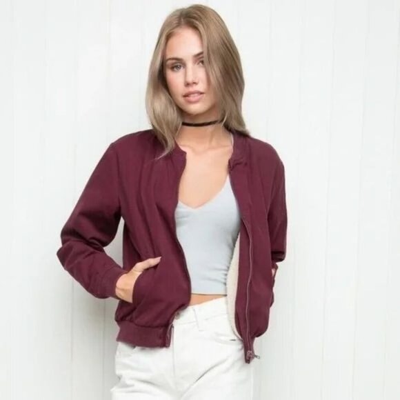 Brandy Melville Burgundy Cotton Women's Bomber Jacket Size Medium - Picture 1 of 7